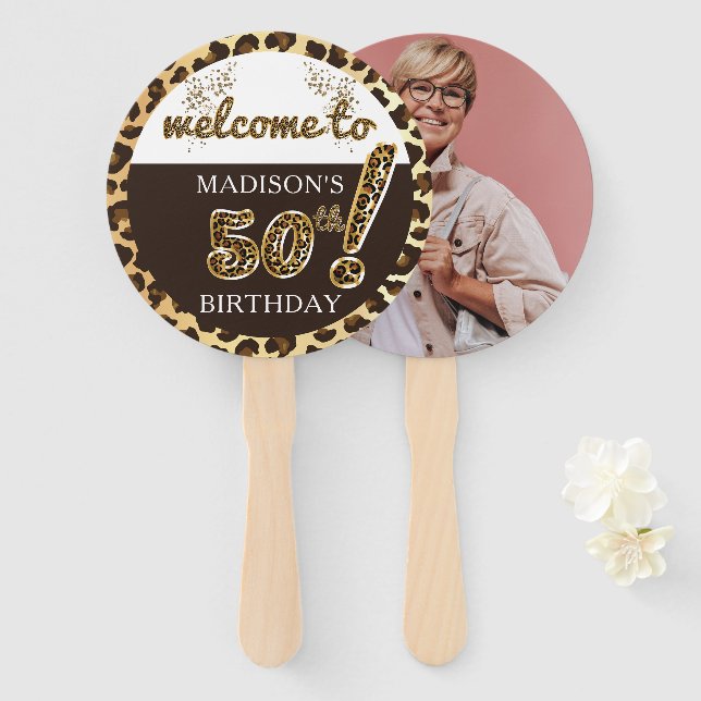 Leopard Balloon 50th Birthday Photo Personalized Hand Fan (Front and Back)