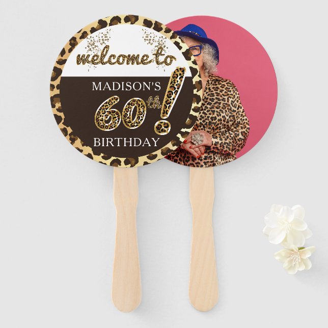 Leopard Balloon 60th Birthday Photo Personalized Hand Fan (Front and Back)