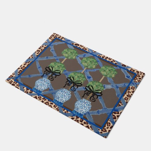 Leopard Bamboo Chinoiserie Ginger Jar Doormat Rug 