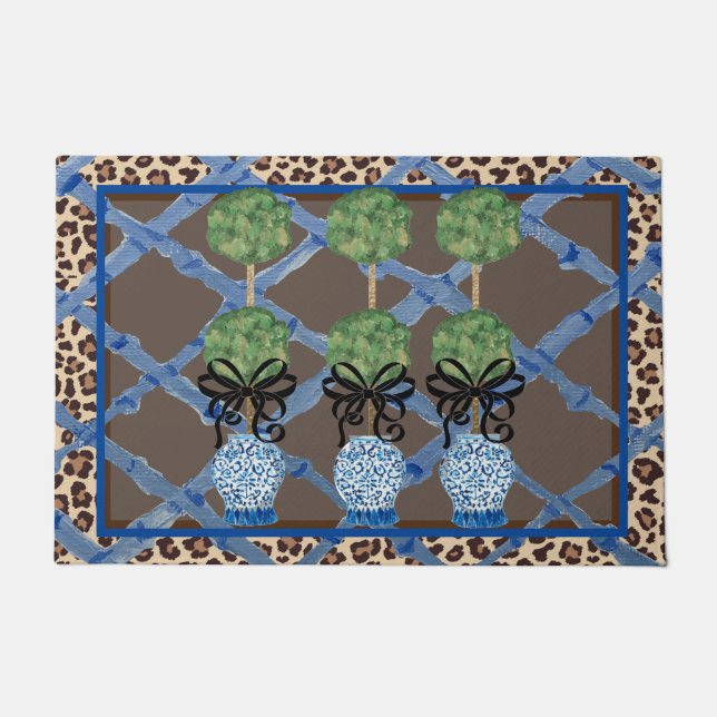 Leopard Bamboo Chinoiserie Ginger Jar Doormat Rug  (Front)