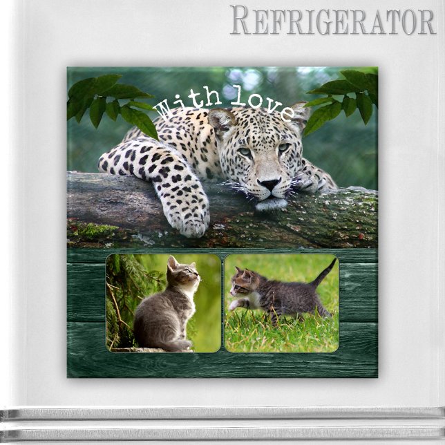 Leopard Big Cat Your Cat Photos Magnet (Photo magnet featuring a lovely big cat resting on a tree branch overlooking your personal photos)