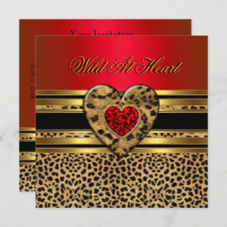 Leopard Birthday Wild At Heart Black Gold Red 2 Invitation
