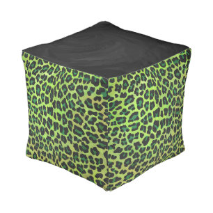 Leopard Black and Green Print Pouf