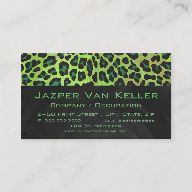 Leopard Black and Green with Monogram Business Card (Front)