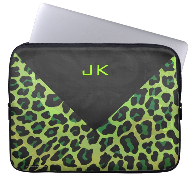 Leopard Black and Green with Monogram Laptop Sleeve (Front)