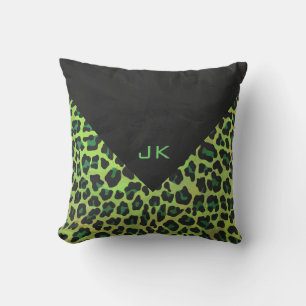 Leopard Black and Green with Monogram Throw Pillow
