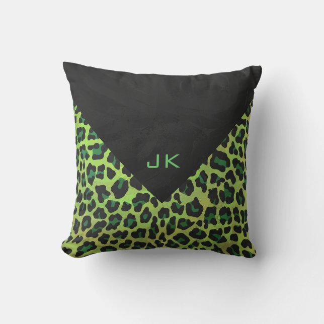 Leopard Black and Green with Monogram Throw Pillow (Front)