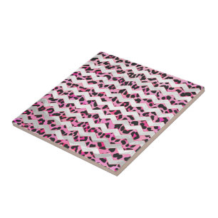 Leopard Black and Hot Pink Chevron Print Ceramic Tile