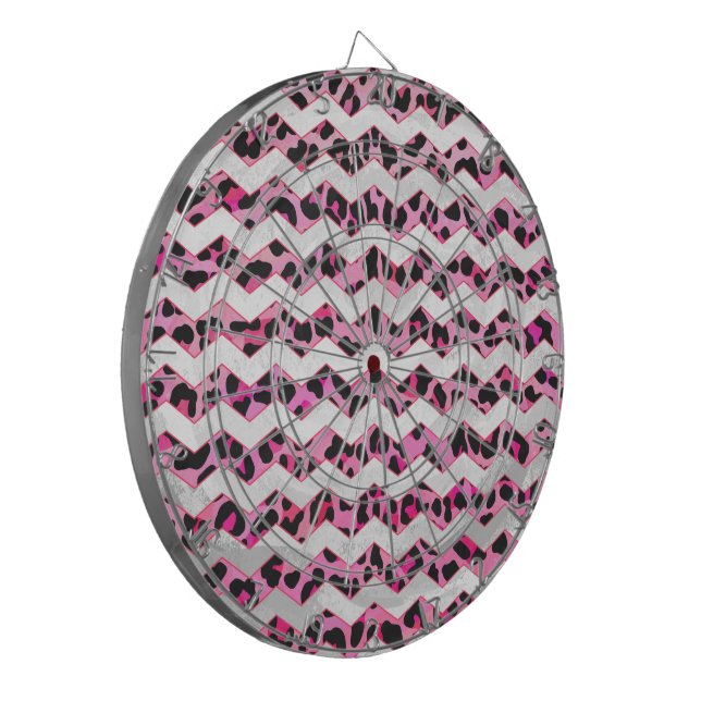 Leopard Black and Hot Pink Chevron Print Dart Board (Front Left)
