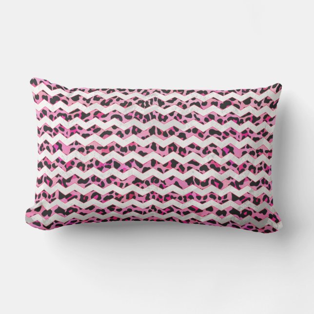 Leopard Black and Hot Pink Chevron Print Lumbar Pillow (Front)