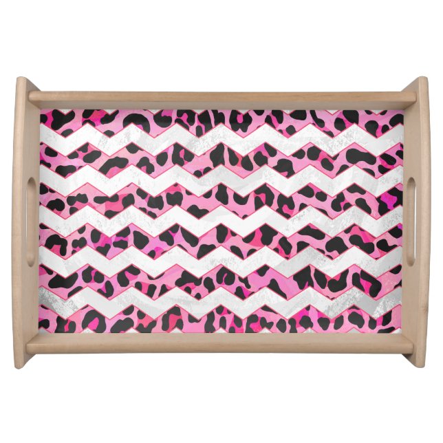 Leopard Black and Hot Pink Chevron Print Serving Tray (Front)