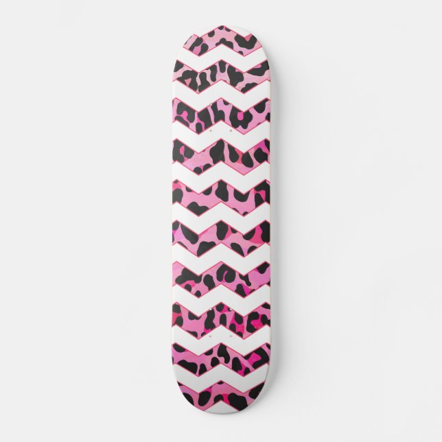 Leopard Black and Hot Pink Chevron Print Skateboard Deck (Front)