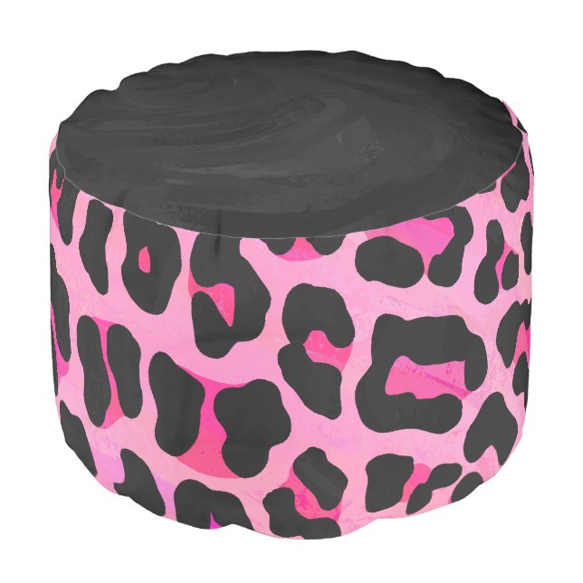 Leopard Black and Hot Pink Print Pouf (Angled Front)