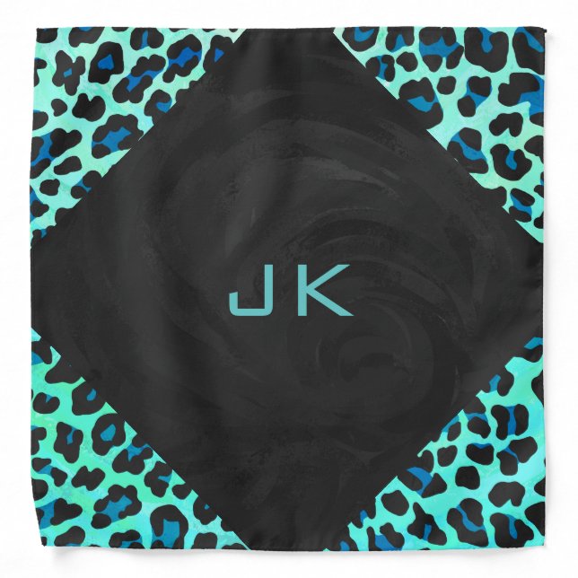 Leopard Black and Teal Print Bandana (Front)