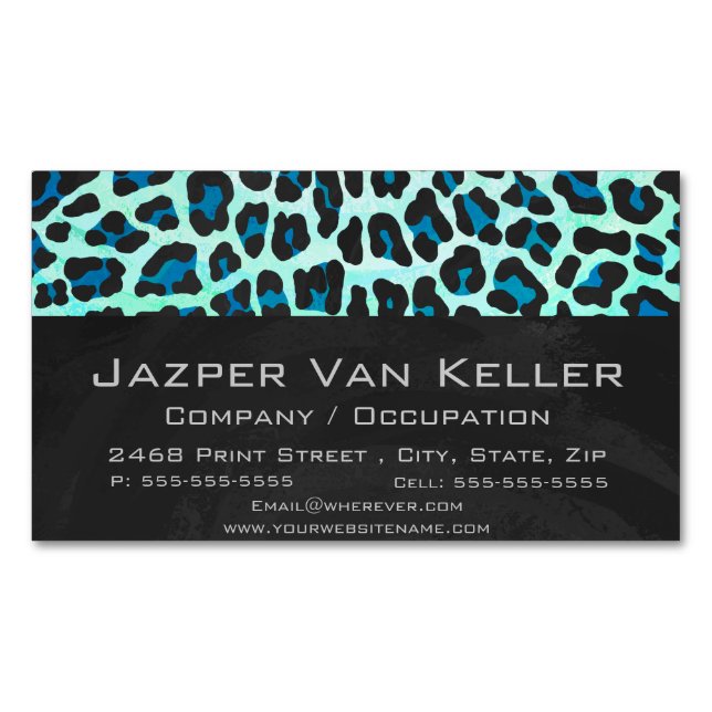 Leopard Black and Teal Print Business Card Magnet (Front)