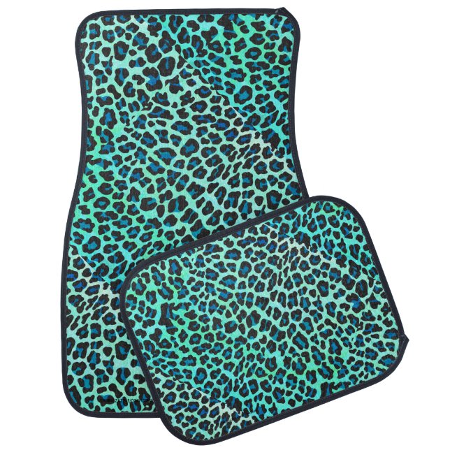 Leopard Black and Teal Print Car Floor Mat (Set)