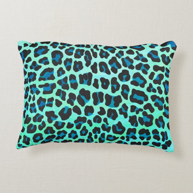Leopard Black and Teal Print Decorative Pillow (Back)