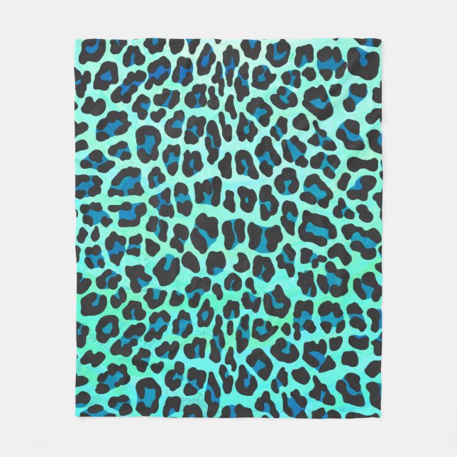 Leopard Black and Teal Print Fleece Blanket (Front)
