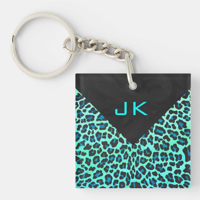 Leopard Black and Teal Print Keychain (Front)