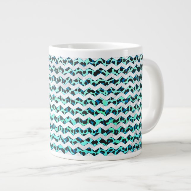 Leopard Black and Teal Print Large Coffee Mug (Front Right)