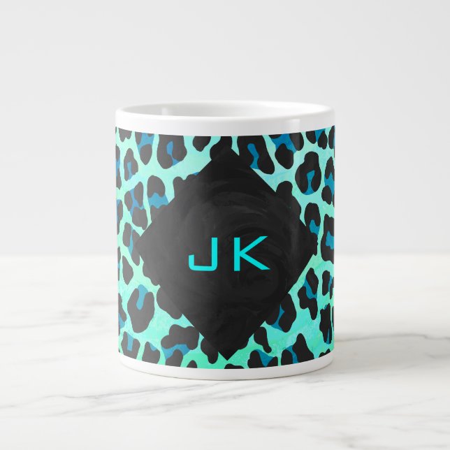 Leopard Black and Teal Print Large Coffee Mug (Front)