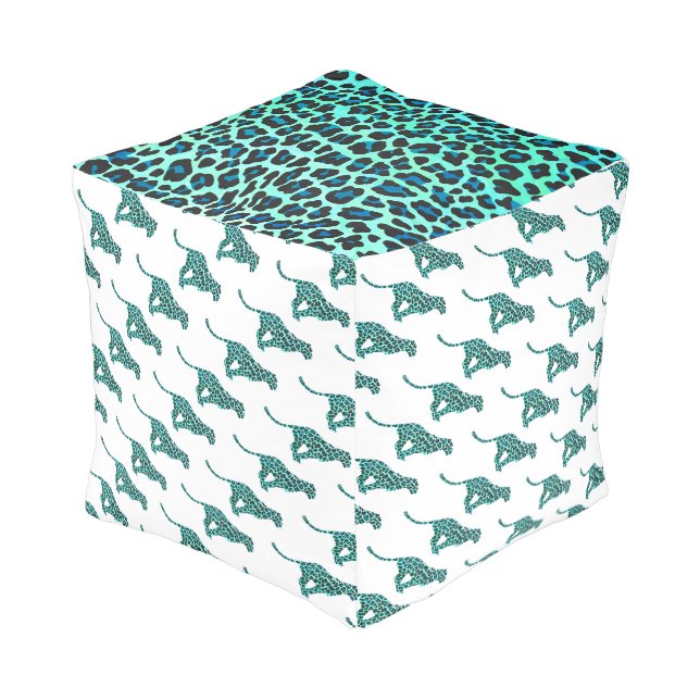 Leopard Black and Teal Print Pouf (Angled Back)