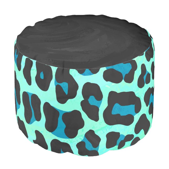 Leopard Black and Teal Print Pouf (Angled Front)