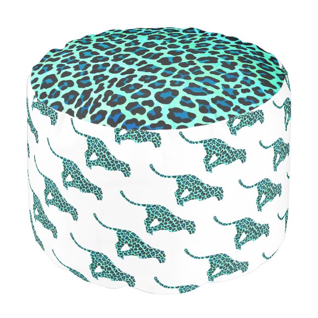 Leopard Black and Teal Print Pouf (Angled Front)