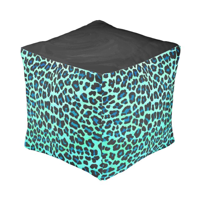 Leopard Black and Teal Print Pouf (Angled Back)