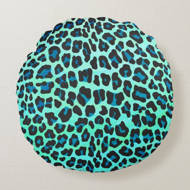 Leopard Black and Teal Print Round Pillow (Front)