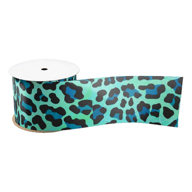 Leopard Black and Teal Print Satin Ribbon (Spool)