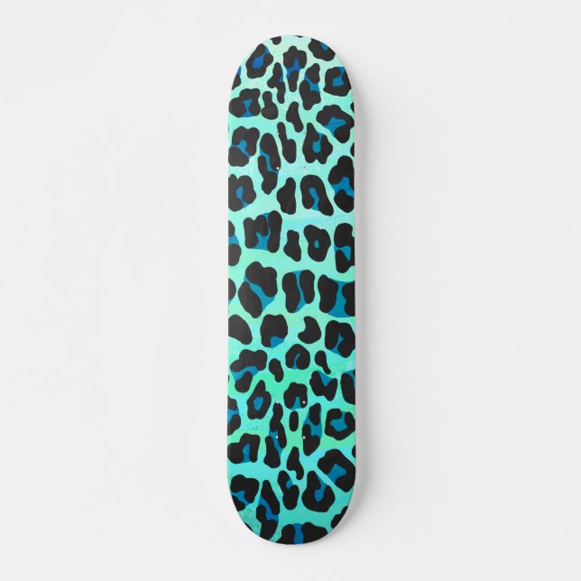 Leopard Black and Teal Print Skateboard Deck (Front)