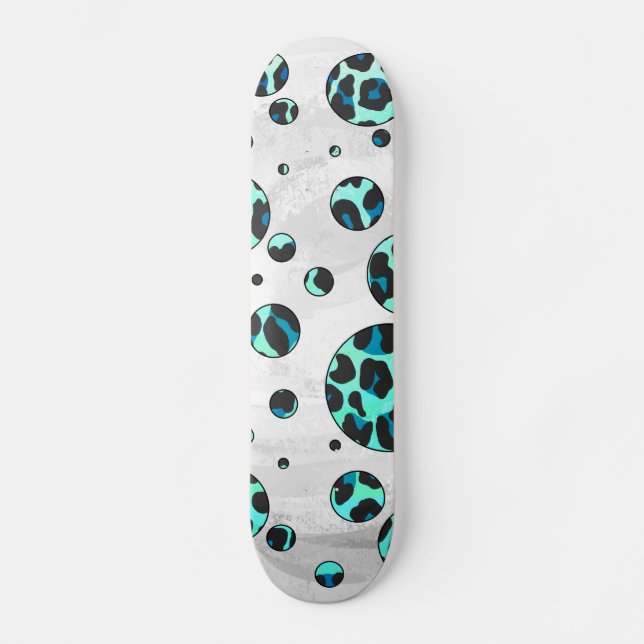 Leopard Black and Teal Print Skateboard Deck (Front)
