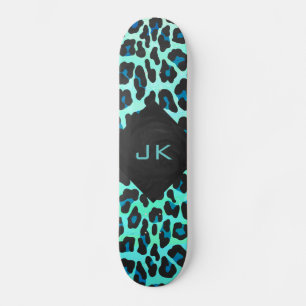 Leopard Black and Teal Print Skateboard Deck