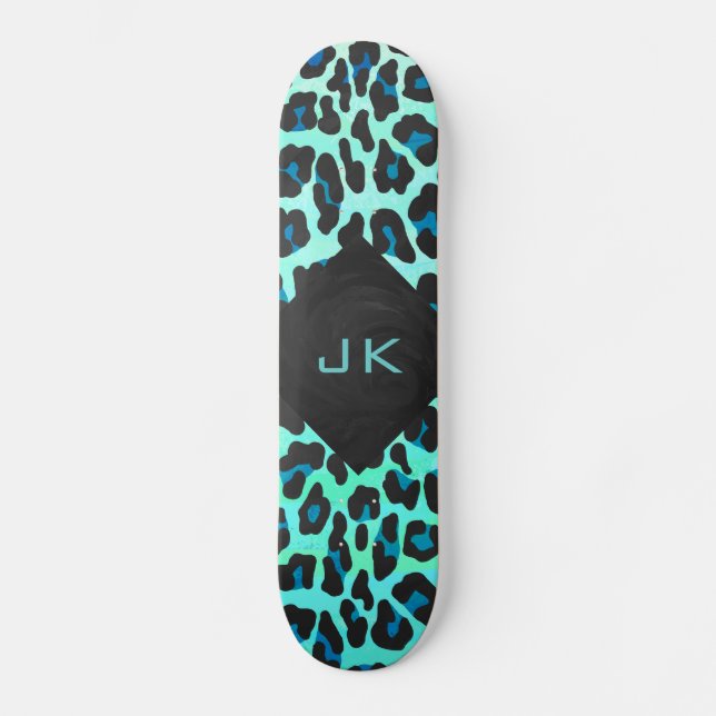 Leopard Black and Teal Print Skateboard Deck (Front)