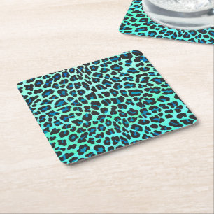 Leopard Black and Teal Print Square Paper Coaster