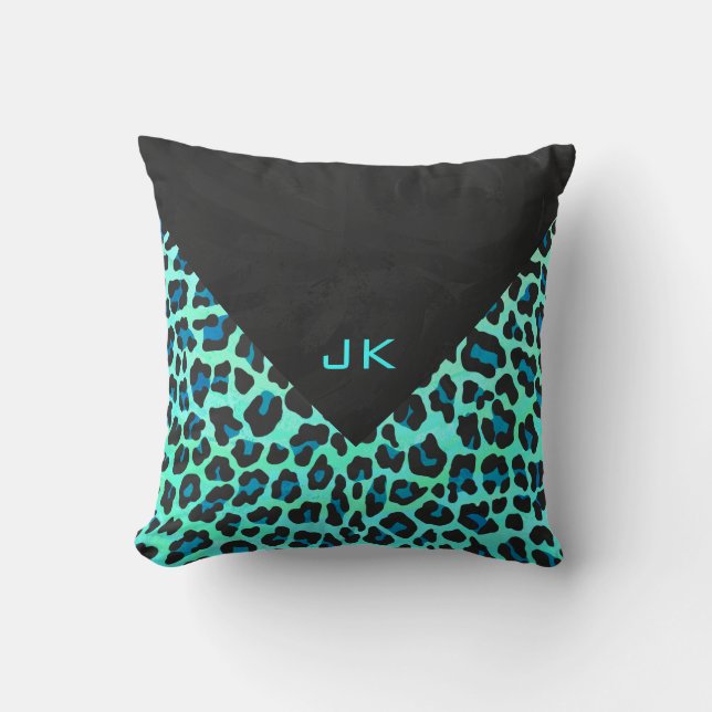 Leopard Black and Teal Print Throw Pillow (Front)