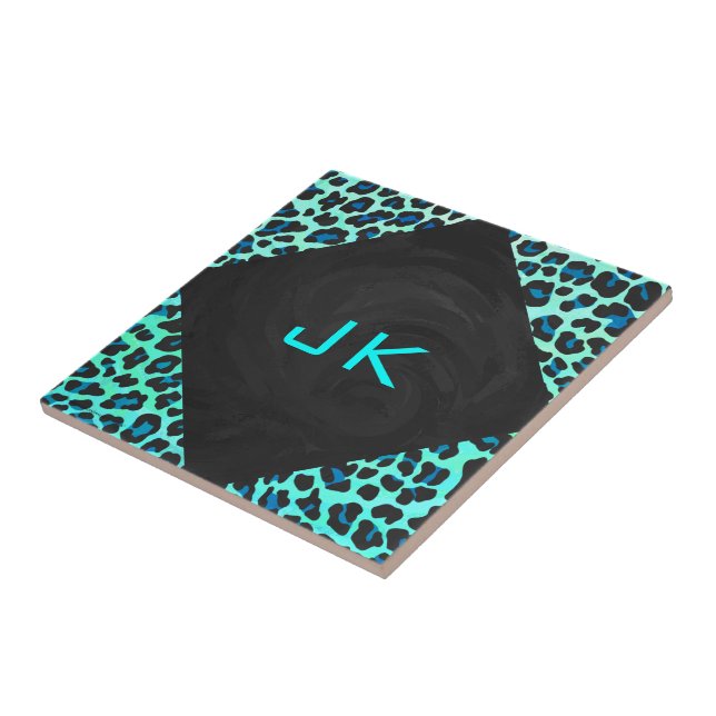 Leopard Black and Teal Print Tile (Side)
