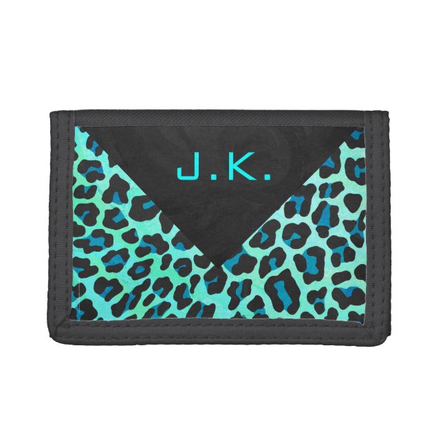 Leopard Black and Teal Print Trifold Wallet (Front)