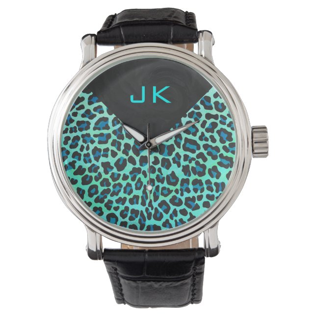 Leopard Black and Teal Print Watch (Front)