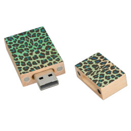 Leopard Black and Teal Print Wood USB Flash Drive