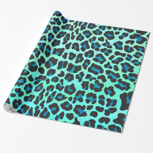 Leopard Black and Teal Print Wrapping Paper (Unrolled)