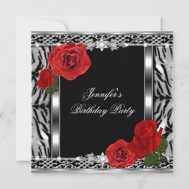 Leopard Black Birthday Red Rose Flowers Any Age Invitation (Front)