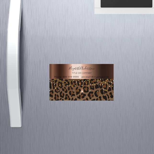 Leopard black brown sparkle glam bronze metallic business card magnet (Creator Uploaded)