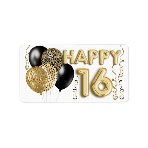 Leopard Black Gold Balloons 16th Birthday Label