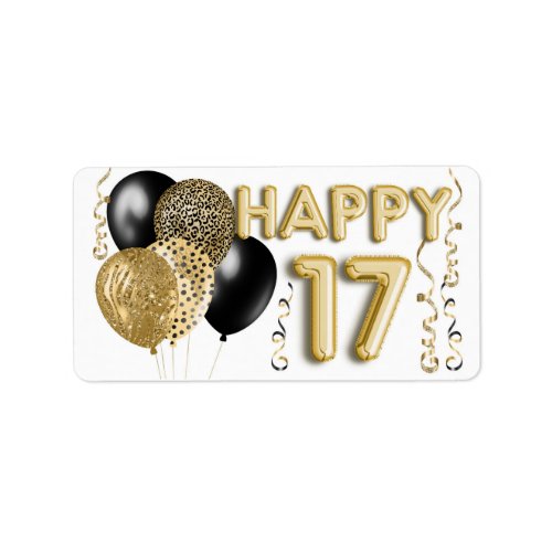 Leopard Black Gold Balloons 17th Birthday Label