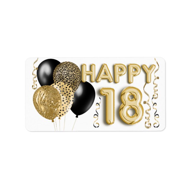 Leopard Black Gold Balloons 18th Birthday Label (Front)