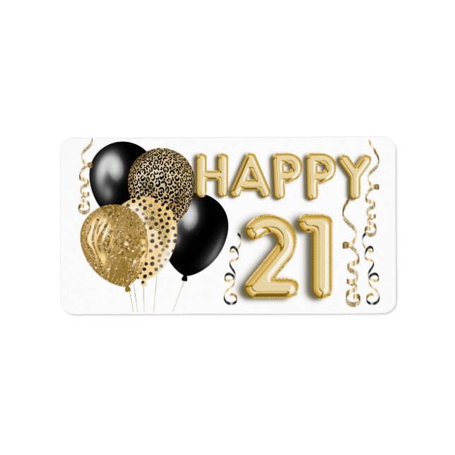 Leopard Black Gold Balloons 21st Birthday Label (Front)