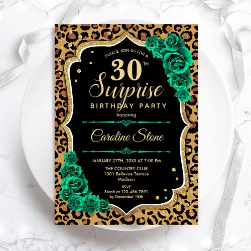 Leopard Black Gold Green Surprise 30th Birthday Invitation