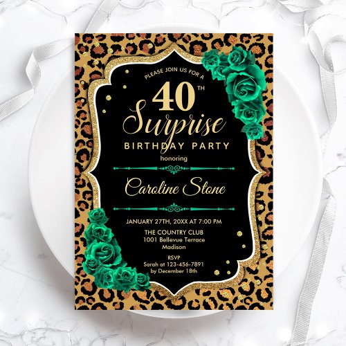 Leopard Black Gold Green Surprise 40th Birthday Invitation